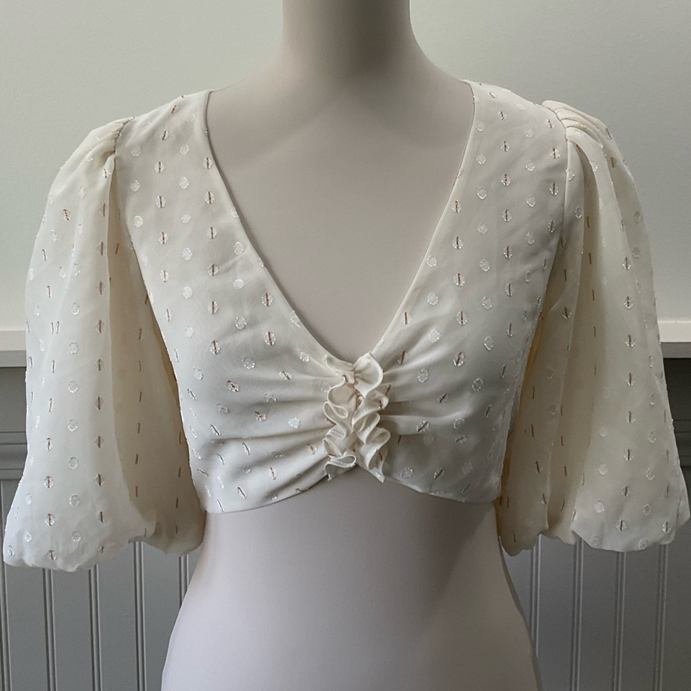 AFRM Swiss Dot Cutout Crop Blouse Cream Gold Puff Sleeve Smocked Back